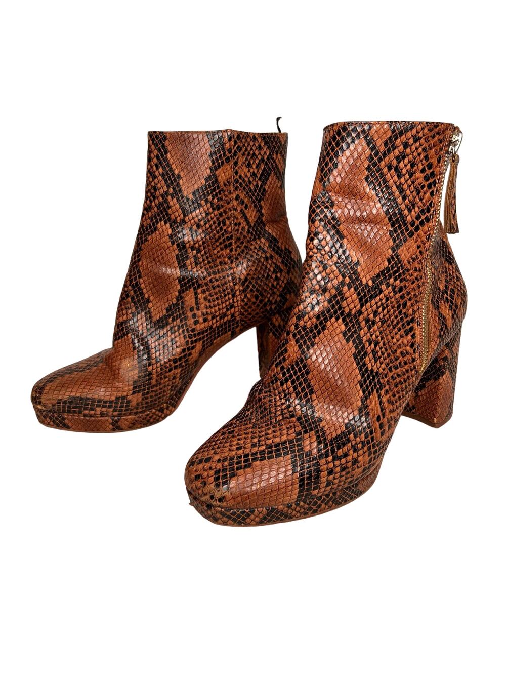 H&M Ankle Boots Chunky Snakeskin Print Block Heel Side Zip Height Size 8 1/2